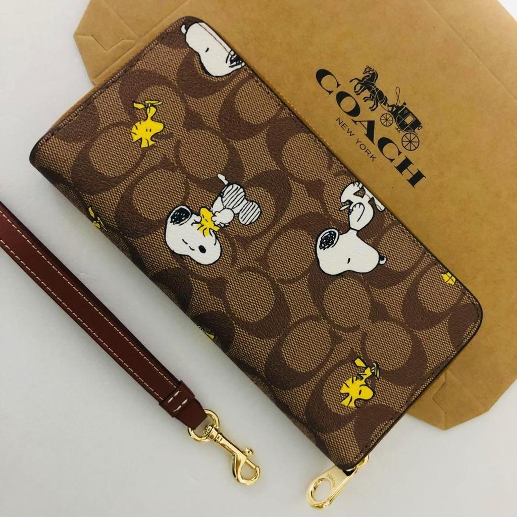 Coach x Peanuts Long Zip Around Wallet Signature Canvas with Snoopy & Woodstock Print Khaki CE705 NWT